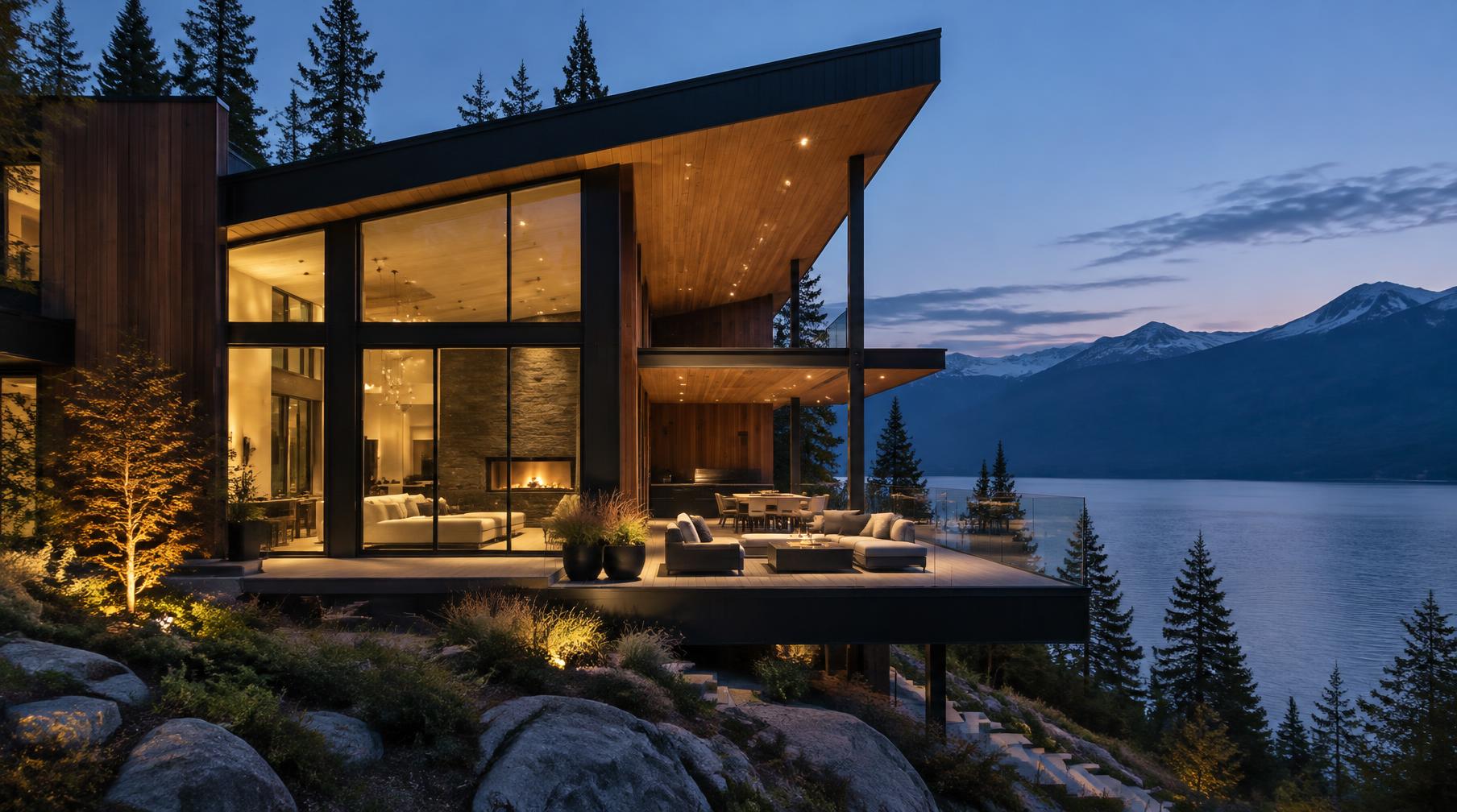 Warm mountain lake home illuminated at blue hour