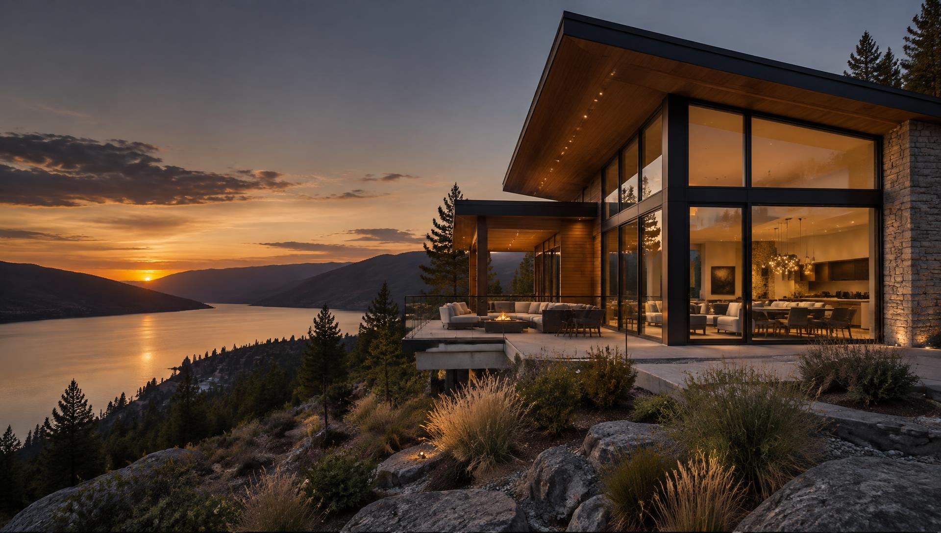 Warm modern lake home with cedar cladding and broad glazing overlooking an Interior BC mountain lake