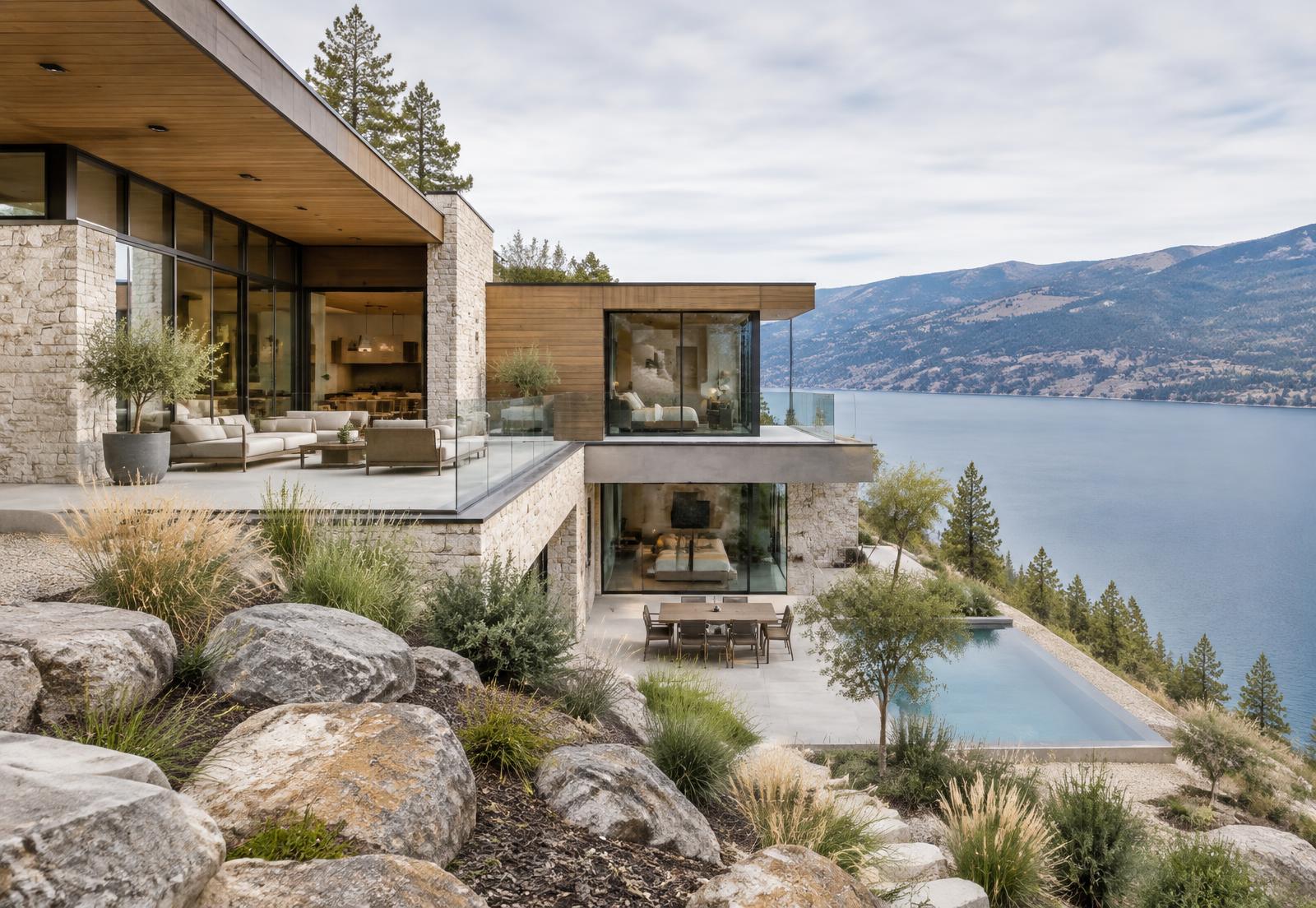 Contemporary Okanagan concept home terraced into a lakeside slope